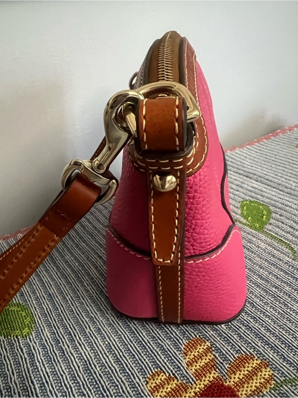 Dooney & Bourke Hot Pink Pebble Leather Domed Crossbody with Brown Trim - Picture 8 of 11
